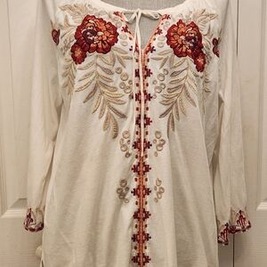 Johnny Was Los Angeles Adorable Embroidered Floral White/cream Peasant Top